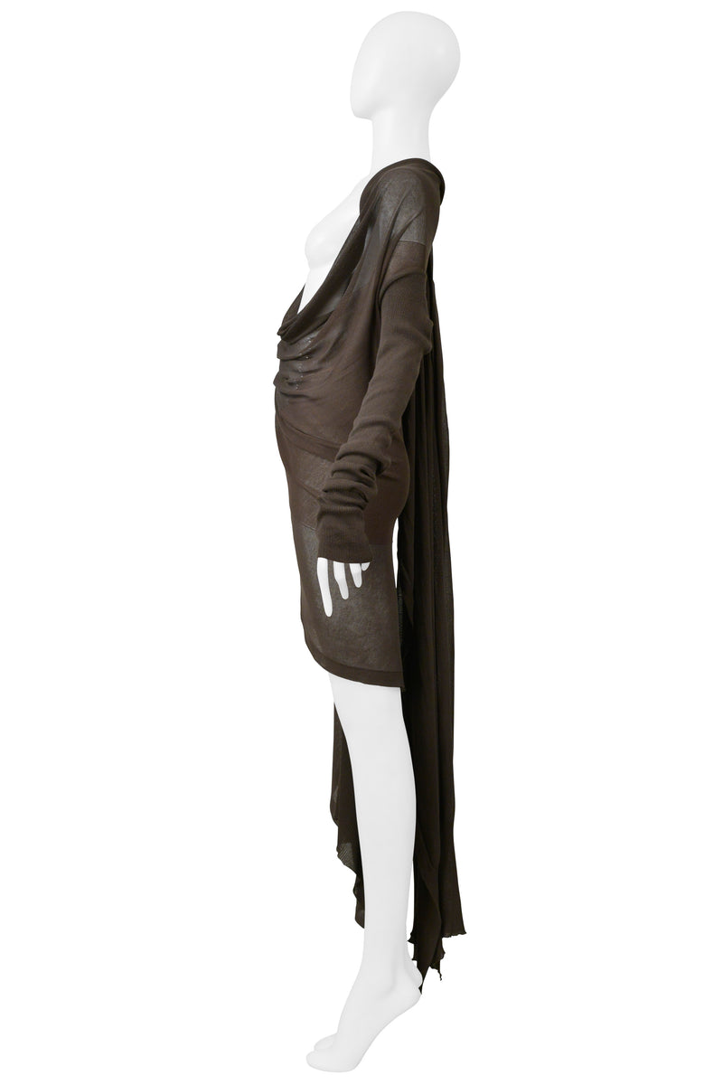 RICK OWENS  MUD BROWN CARDIGAN SWEATER WITH ATTACHED SCARF 2004