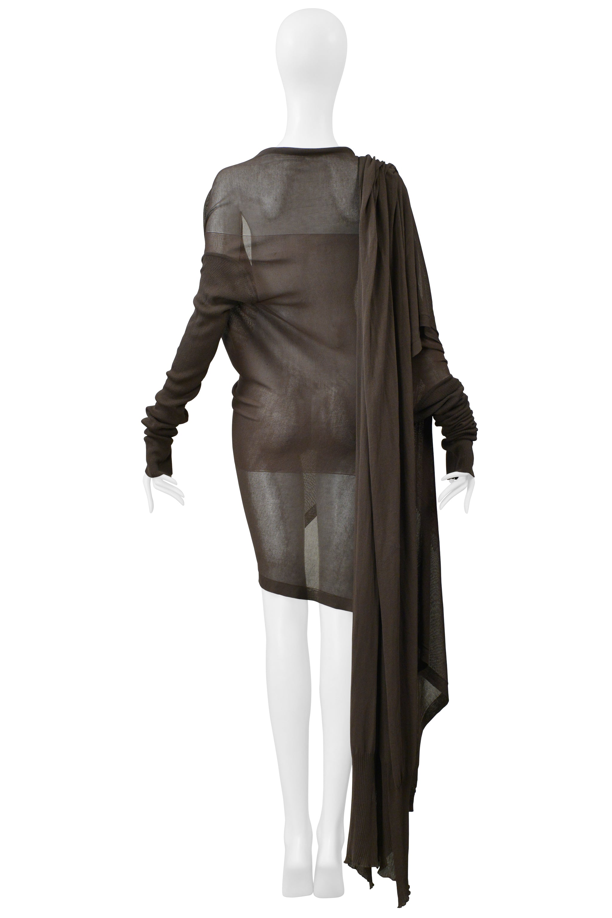 RICK OWENS  MUD BROWN CARDIGAN SWEATER WITH ATTACHED SCARF 2004