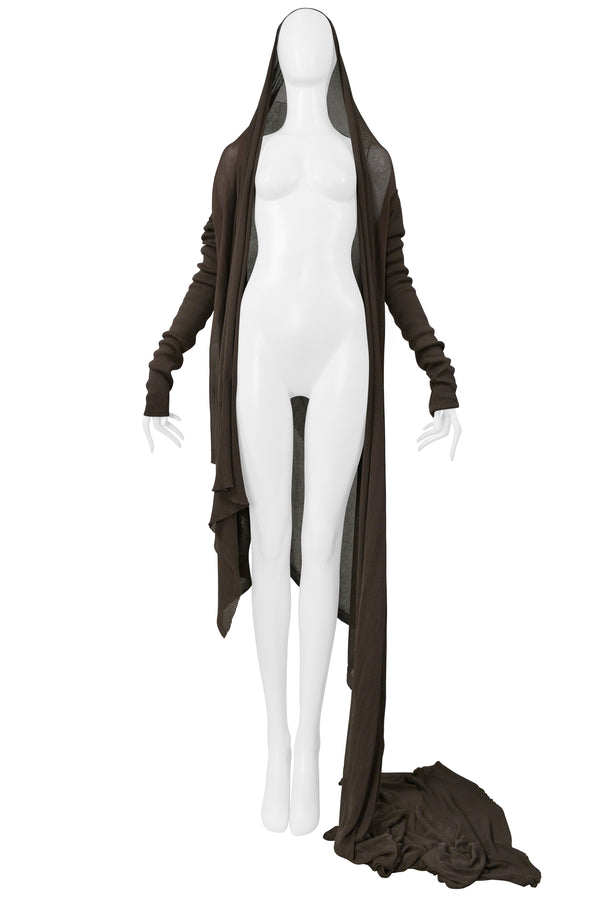 RICK OWENS  MUD BROWN CARDIGAN SWEATER WITH ATTACHED SCARF 2004