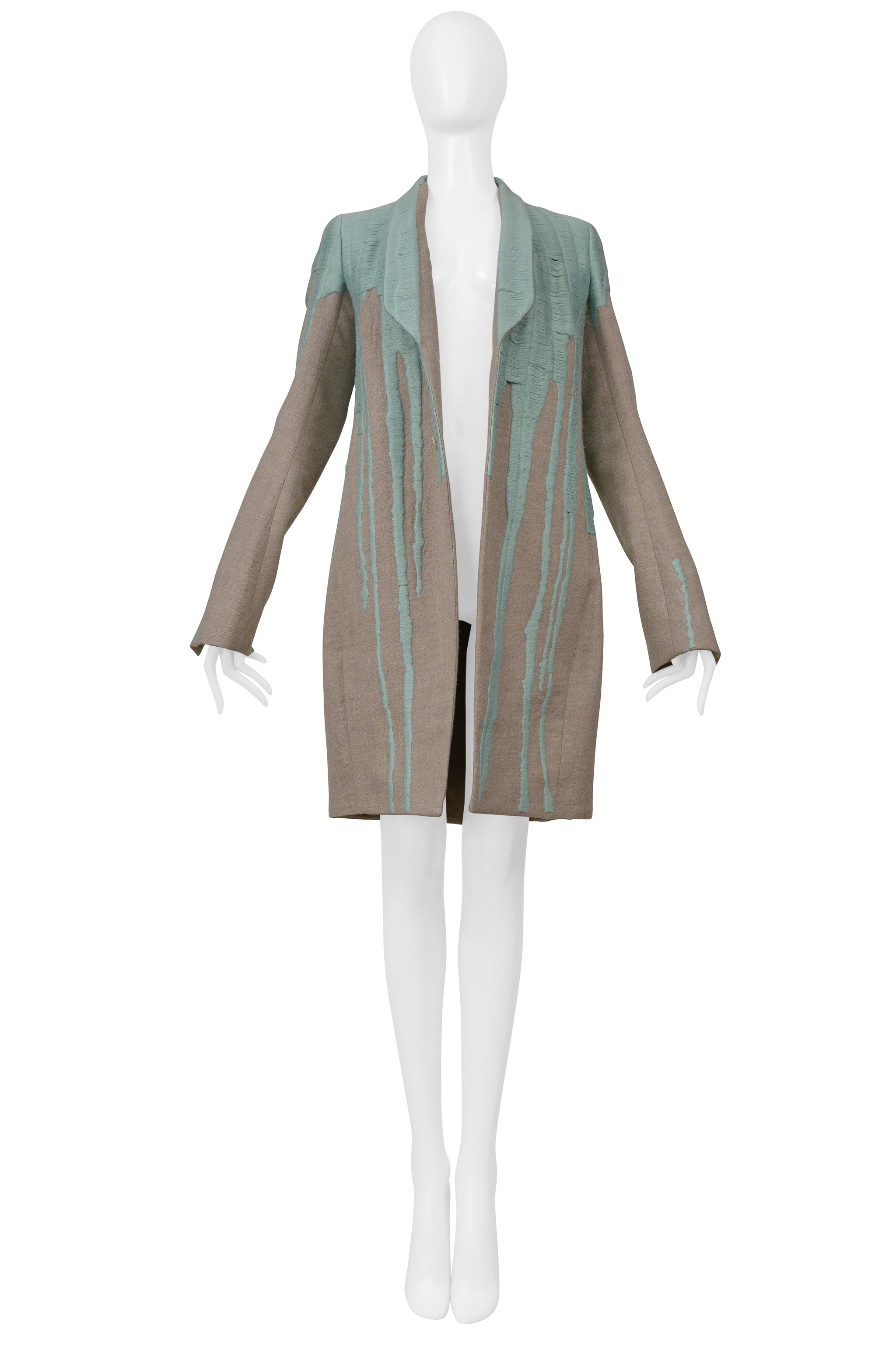 RICK OWENS GREY "VOMIT" COAT WITH GREEN STITCHING 2016