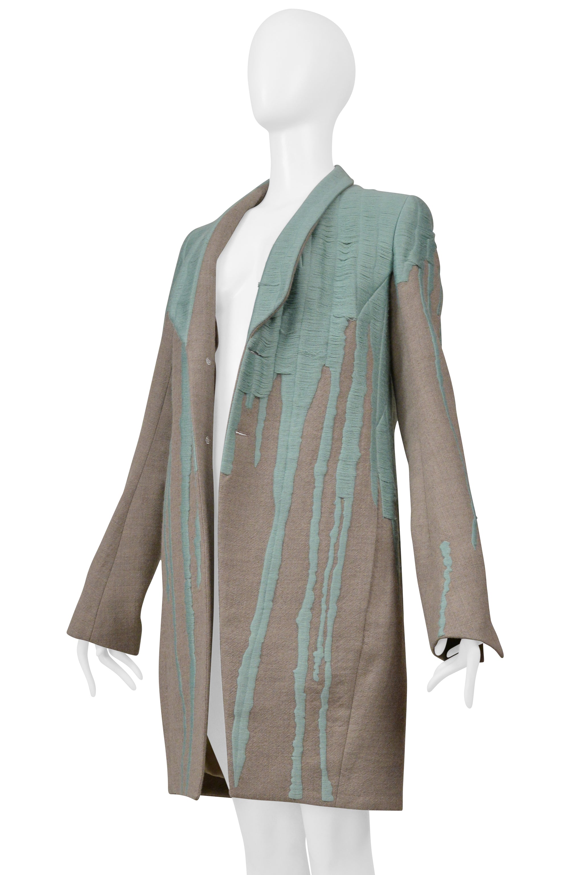 RICK OWENS GREY "VOMIT" COAT WITH GREEN STITCHING 2016