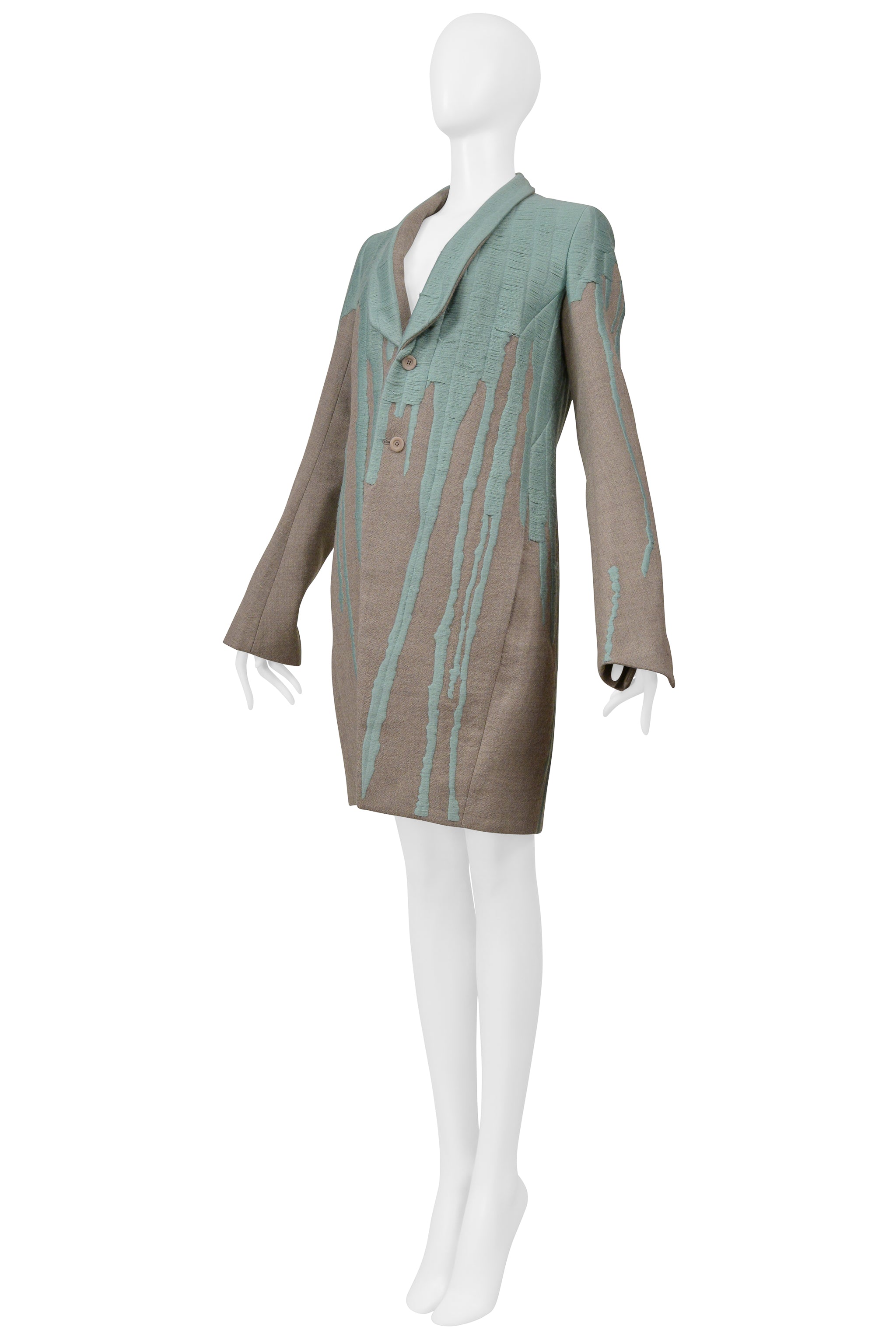 RICK OWENS GREY "VOMIT" COAT WITH GREEN STITCHING 2016