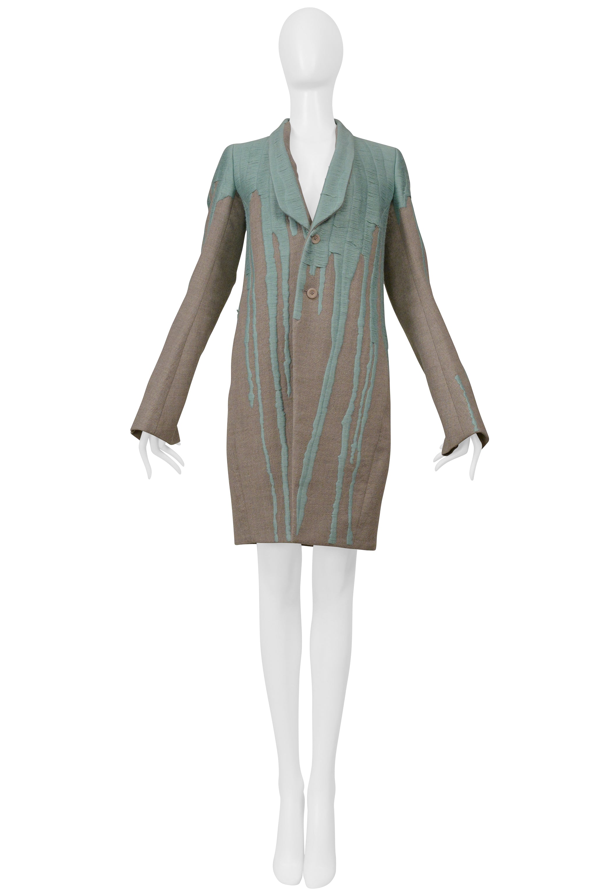 RICK OWENS GREY "VOMIT" COAT WITH GREEN STITCHING 2016