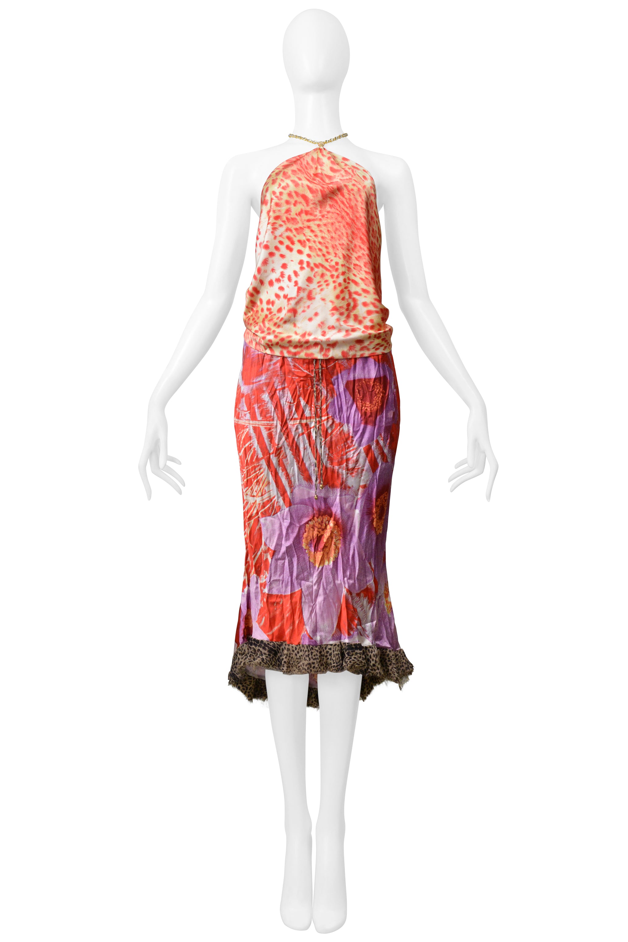 ROBERTO CAVALLI RED & PURPLE LEOPARD & FLORAL 2 PIECE SKIRT AND TOP 2000