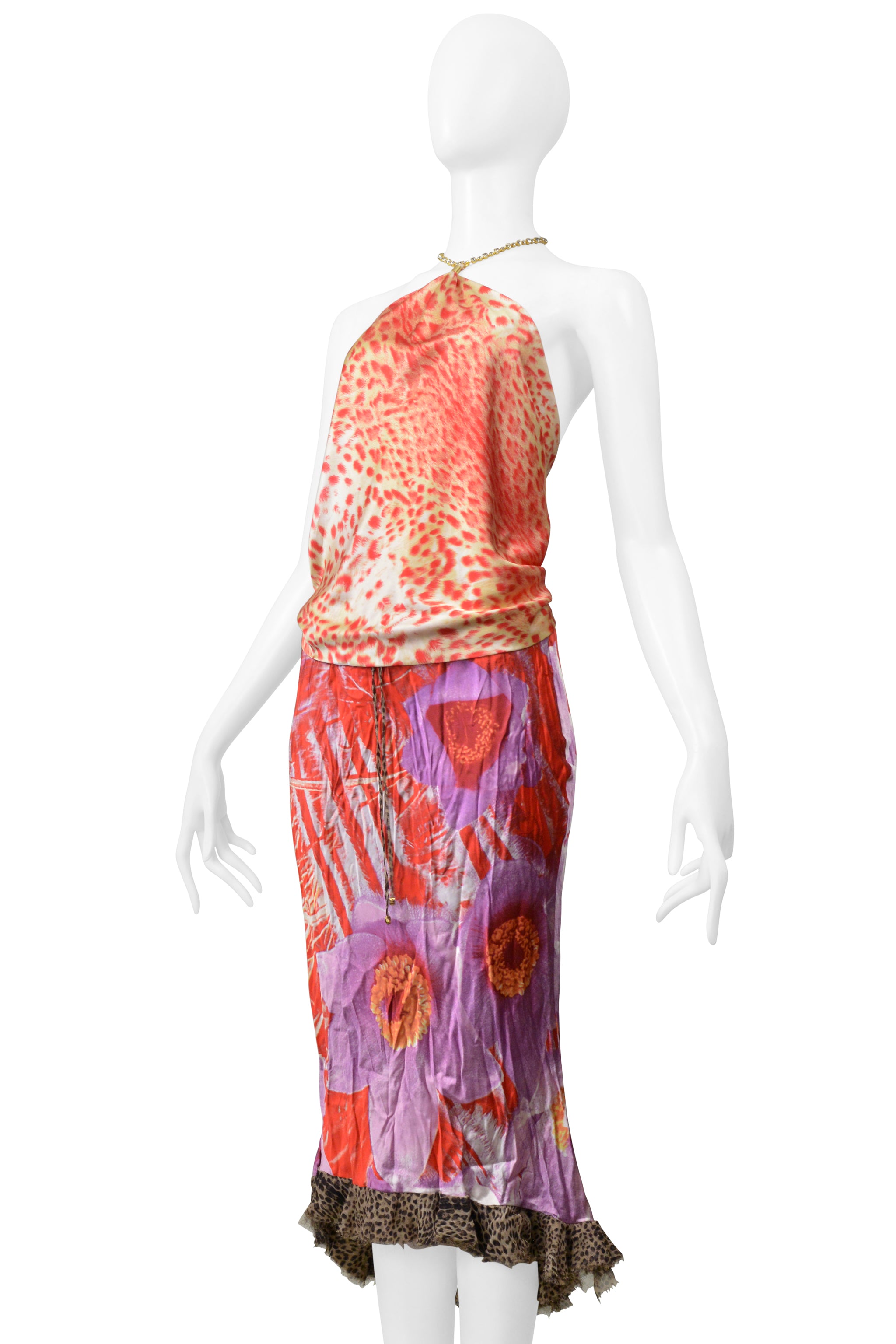 ROBERTO CAVALLI RED & PURPLE LEOPARD & FLORAL 2 PIECE SKIRT AND TOP 2000