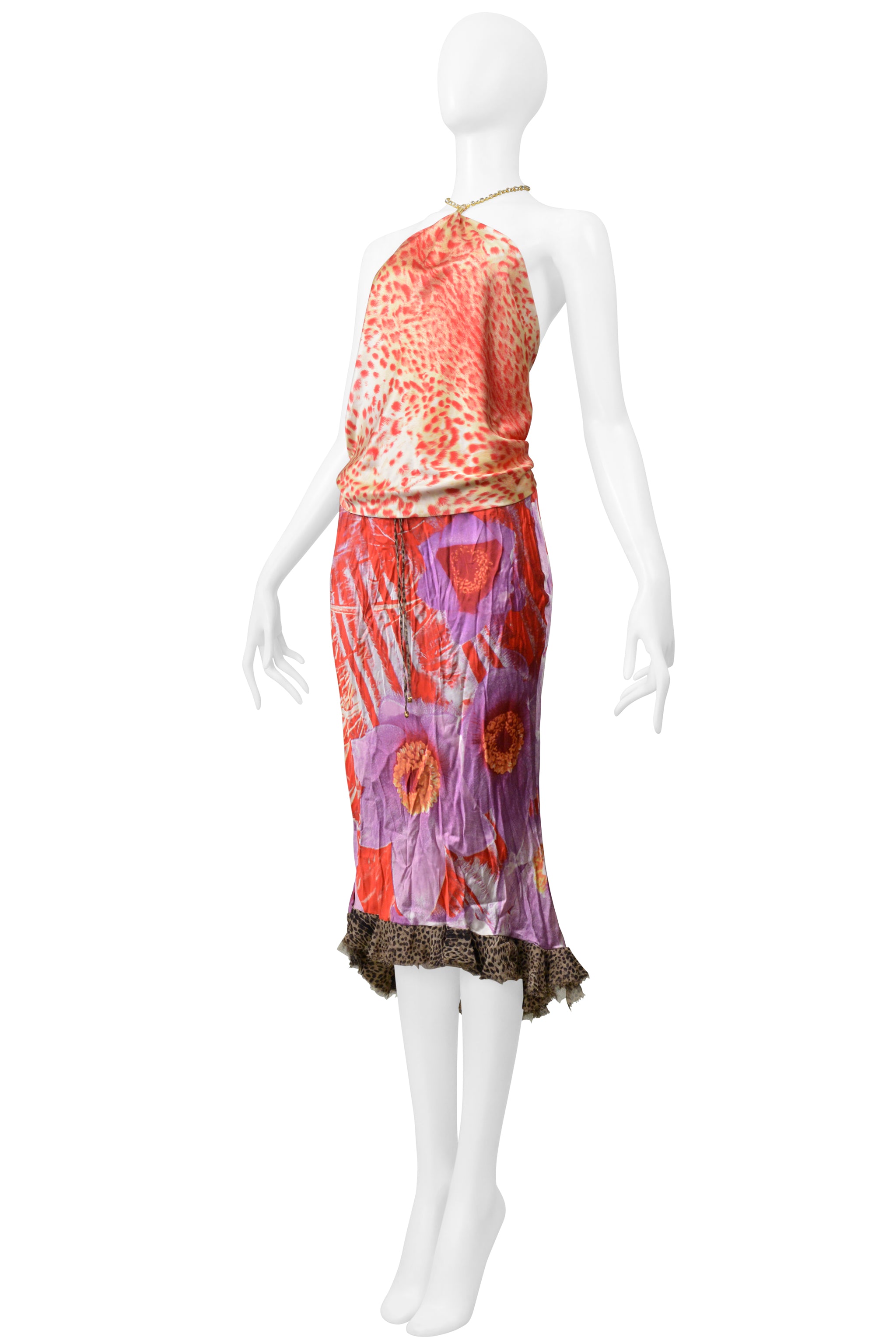 ROBERTO CAVALLI RED & PURPLE LEOPARD & FLORAL 2 PIECE SKIRT AND TOP 2000