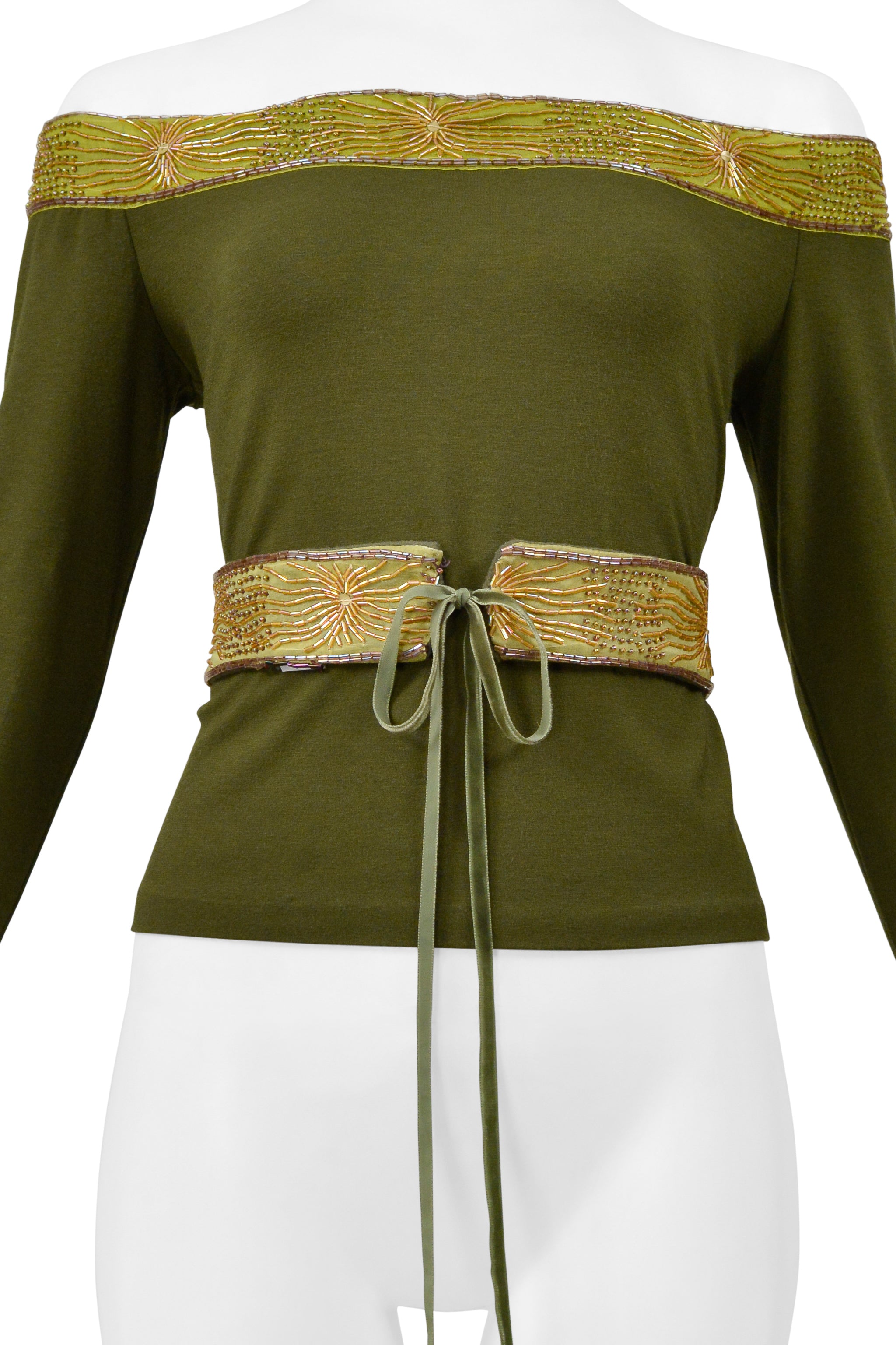 ROMEO GIGLI OLIVE GREEN LONG SLEEVE BEADED TOP WITH BELT