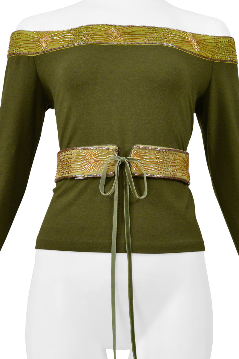 ROMEO GIGLI OLIVE GREEN LONG SLEEVE BEADED TOP WITH BELT