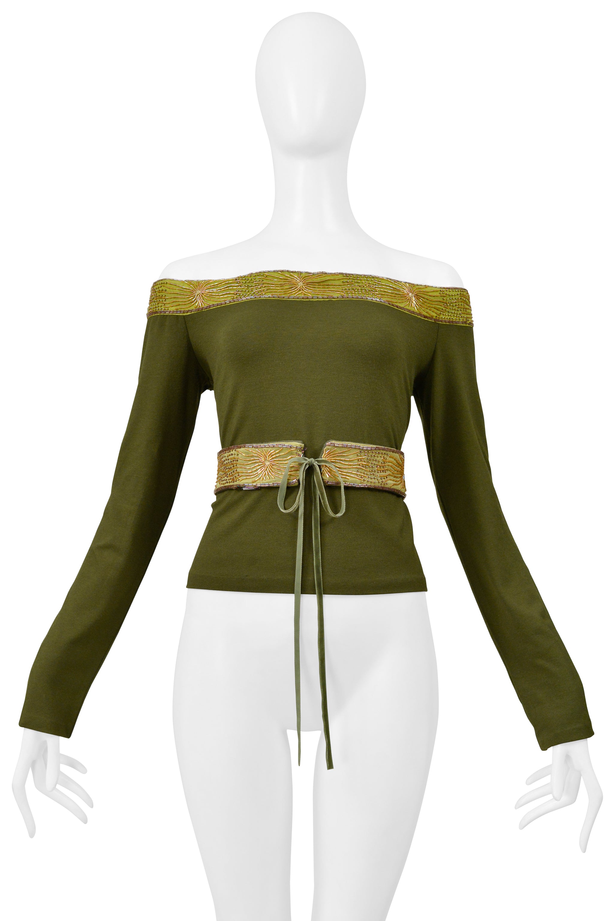 ROMEO GIGLI OLIVE GREEN LONG SLEEVE BEADED TOP WITH BELT
