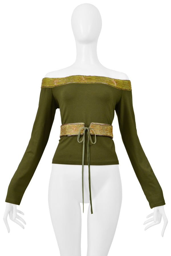 ROMEO GIGLI OLIVE GREEN LONG SLEEVE BEADED TOP WITH BELT
