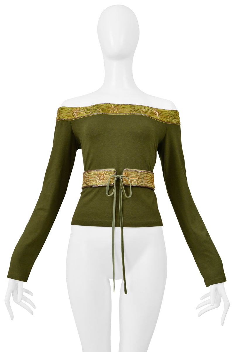 ROMEO GIGLI OLIVE GREEN LONG SLEEVE BEADED TOP WITH BELT
