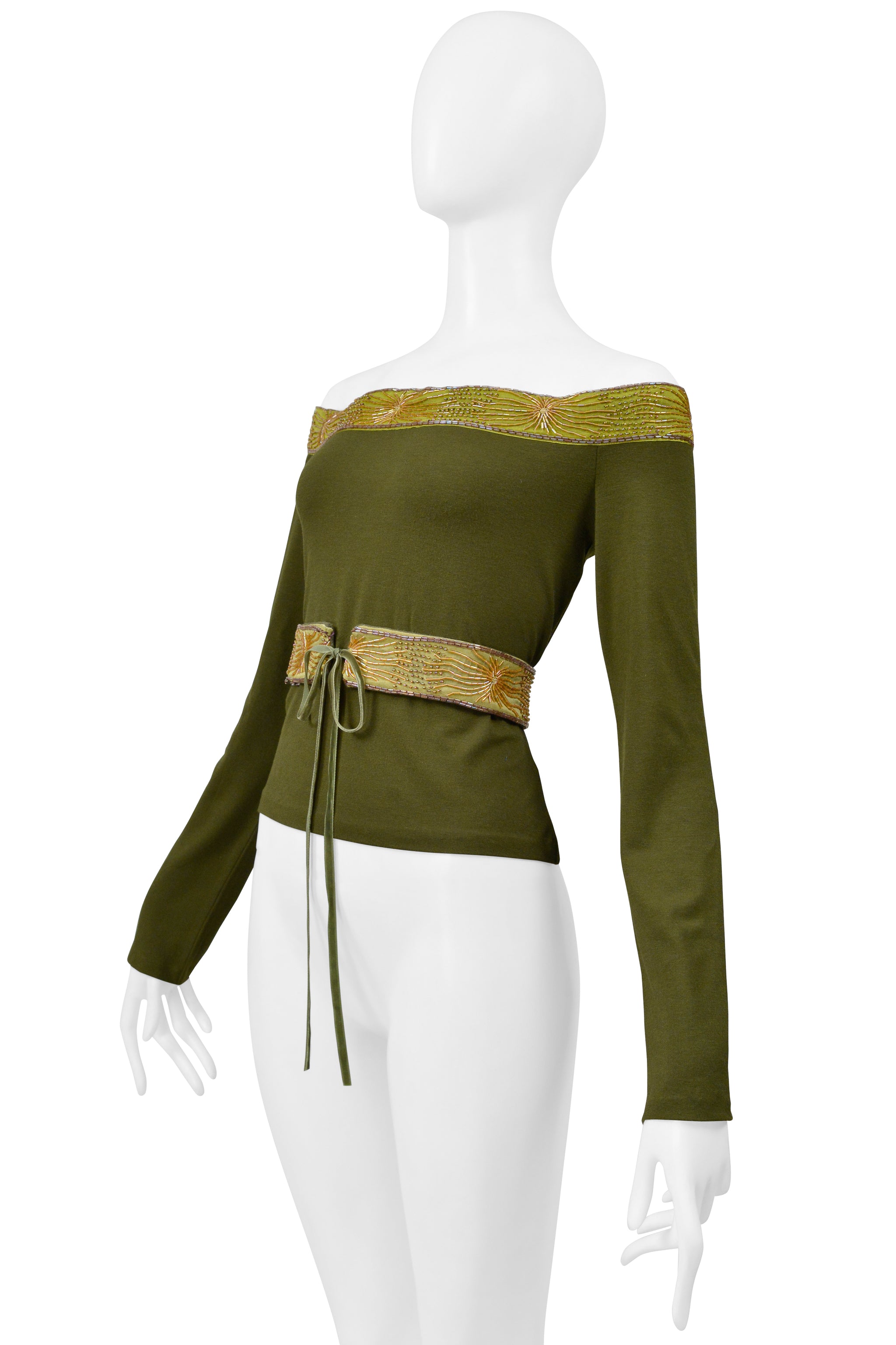 ROMEO GIGLI OLIVE GREEN LONG SLEEVE BEADED TOP WITH BELT