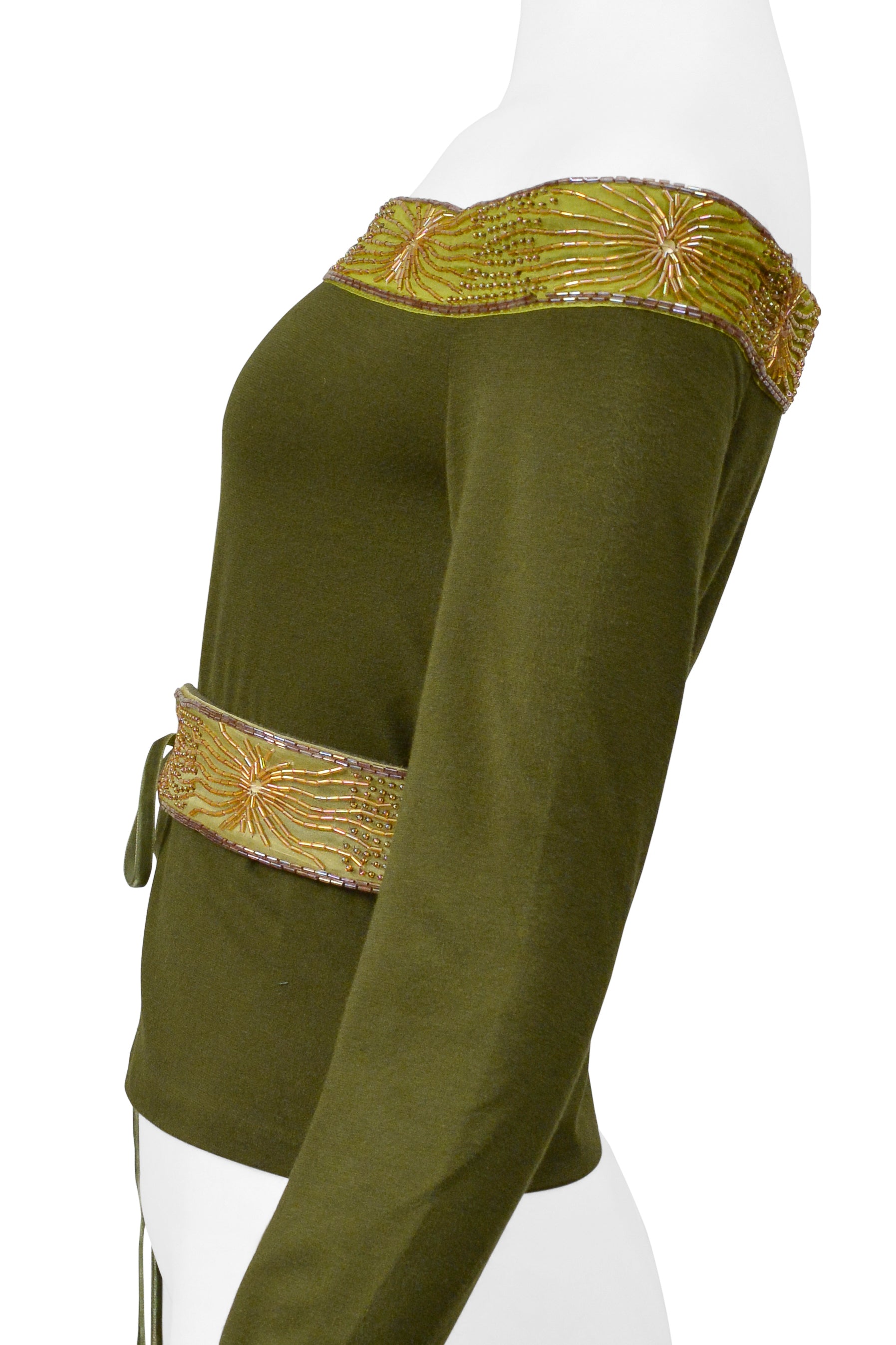 ROMEO GIGLI OLIVE GREEN LONG SLEEVE BEADED TOP WITH BELT