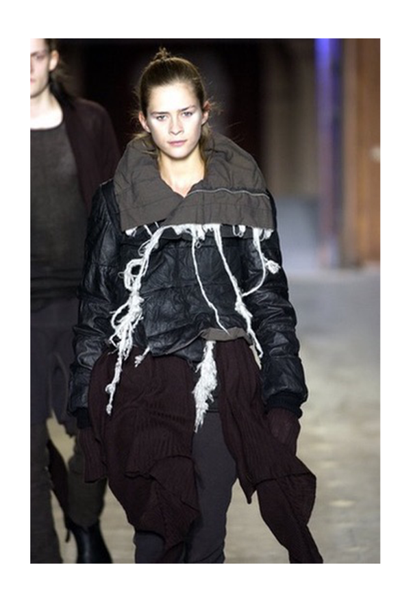 RICK OWENS BLACK LEATHER PADDED JACKET WITH  WOOL TUFTS AW 2003