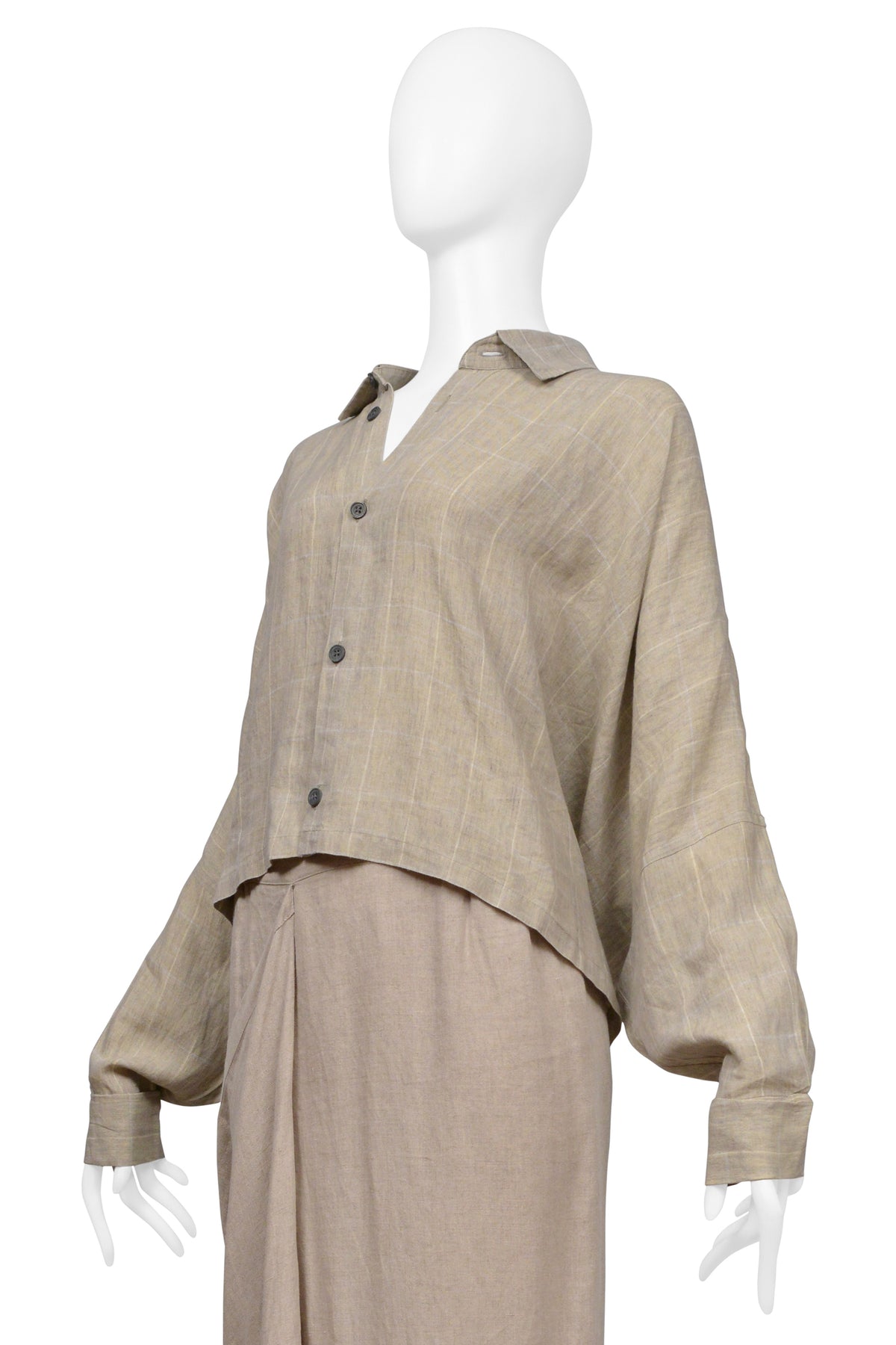 SHIRIN GUILD BEIGE LINEN CHECKERED TOP AND DRAPED SKIRT ENSEMBLE 2000
