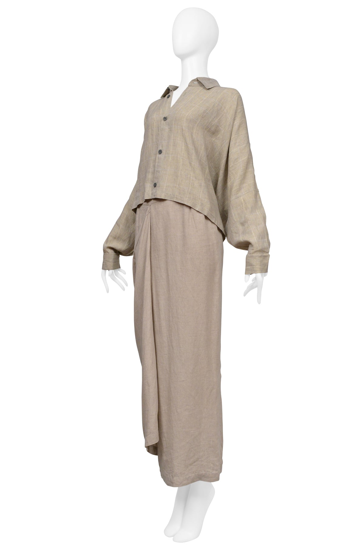 SHIRIN GUILD BEIGE LINEN CHECKERED TOP AND DRAPED SKIRT ENSEMBLE 2000