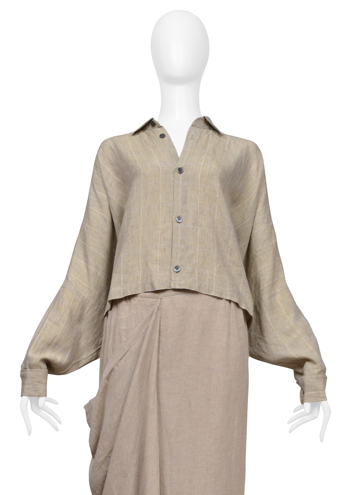SHIRIN GUILD BEIGE LINEN CHECKERED TOP AND DRAPED SKIRT ENSEMBLE 2000