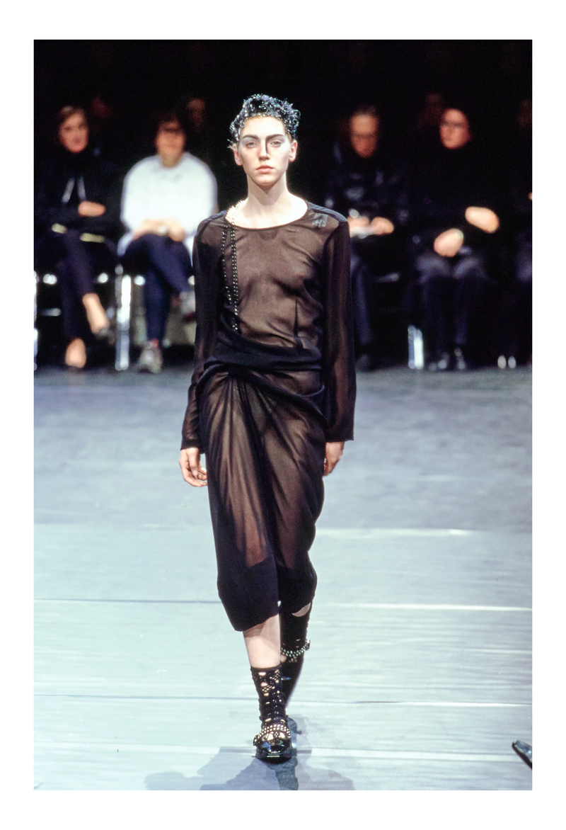 COMME DES GARCONS BLACK SHEER DRESS WITH DRAPING & INTERIOR SILVER CHAINS AW 2000