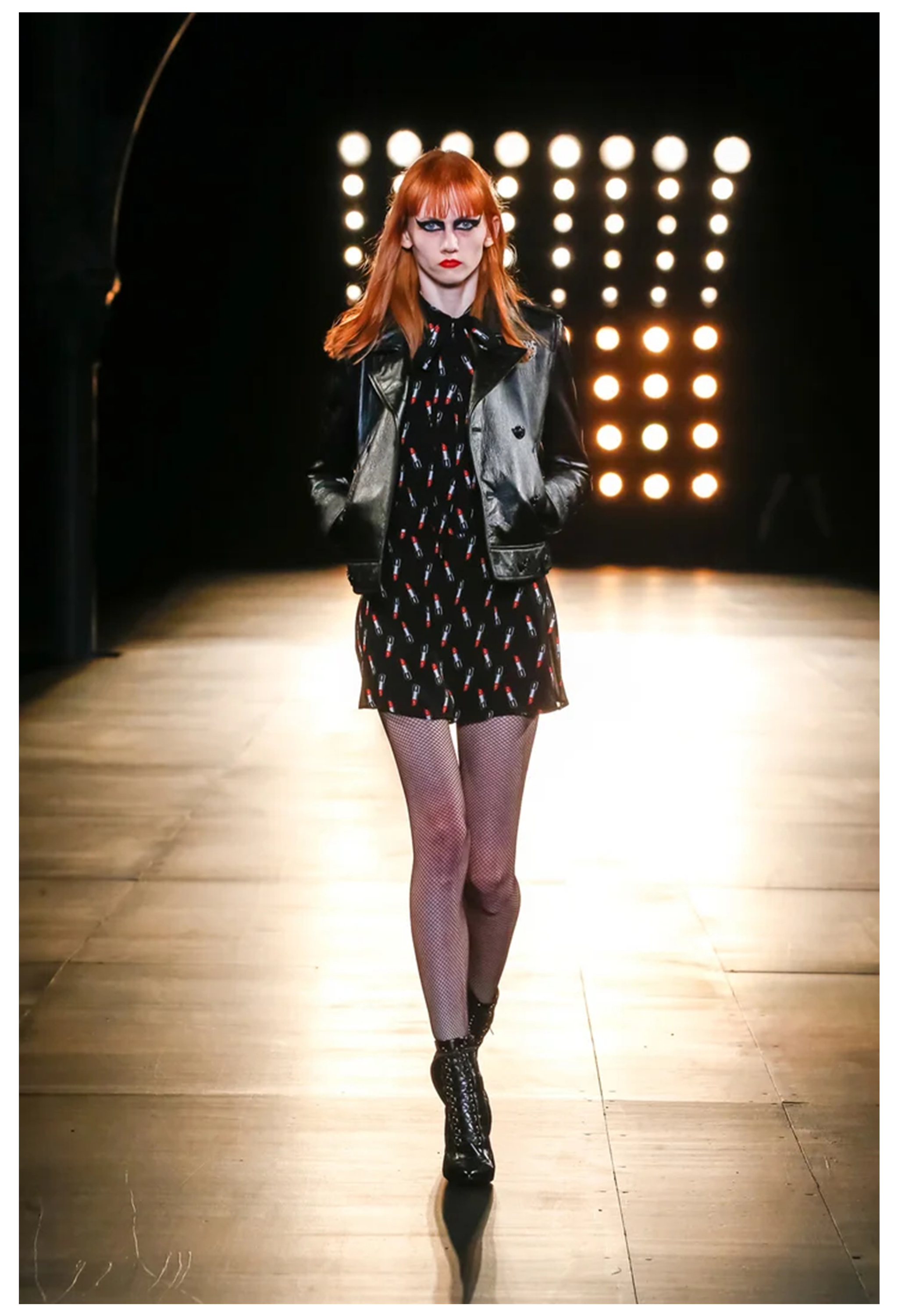 SAINT LAURENT PARIS BY HEDI SLIMANE BLACK MINI DRESS WITH LIPSTICK PRINT 2015