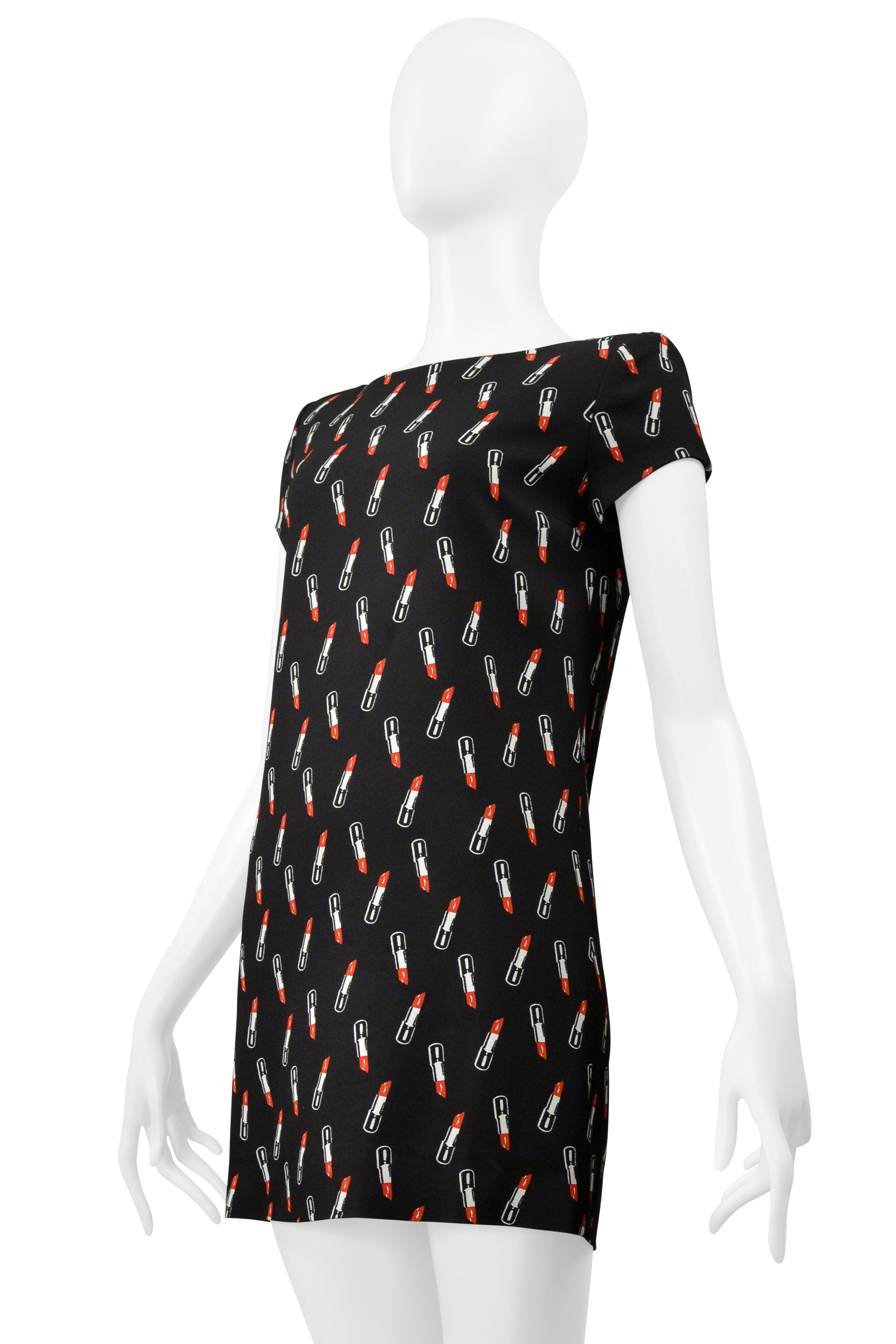 SAINT LAURENT PARIS BY HEDI SLIMANE BLACK MINI DRESS WITH LIPSTICK PRINT 2015