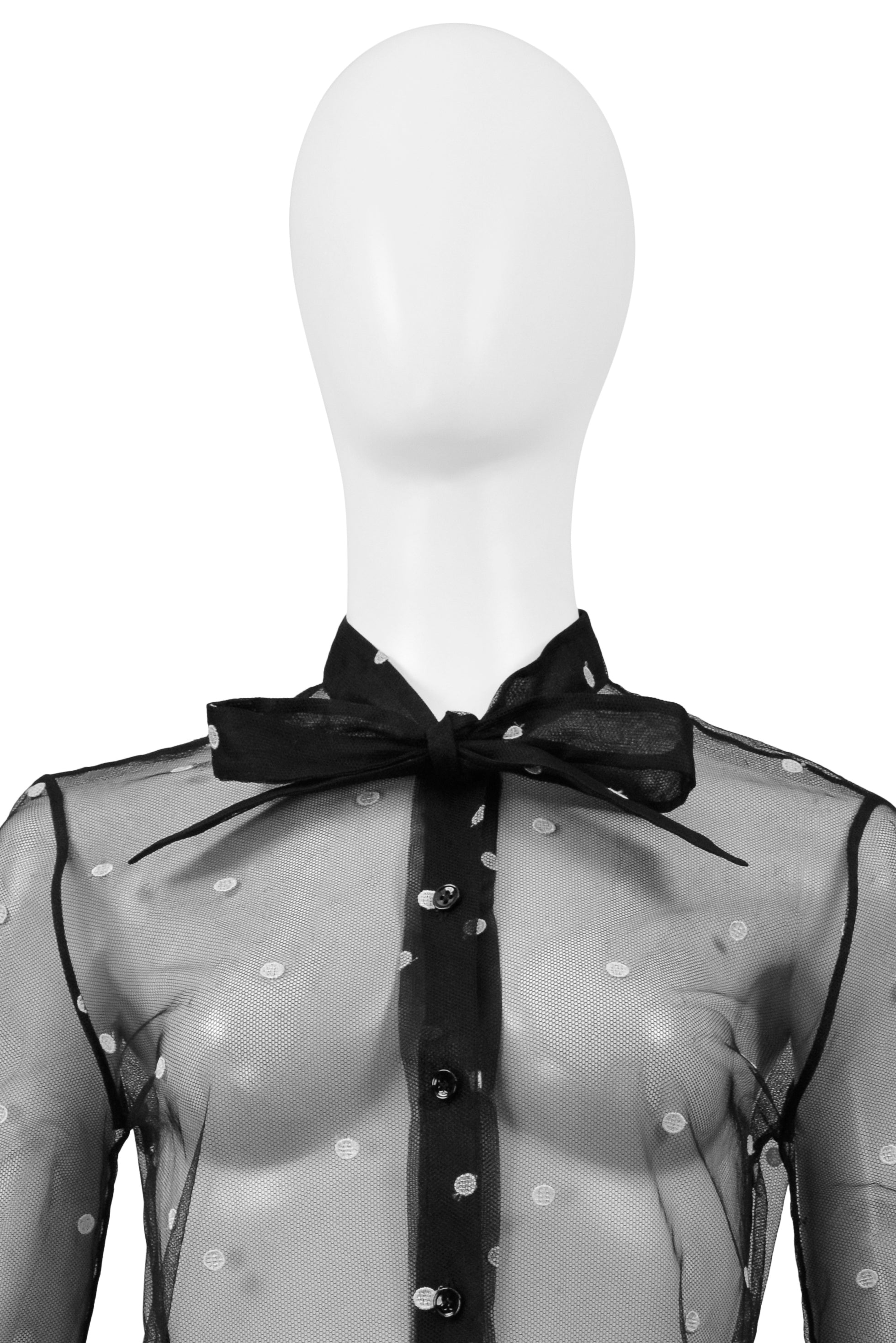 SAINT LAURENT PARIS BY HEDI SLIMANE  BLACK MESH TOP WITH WHITE EMBROIDERED DOTS 2015