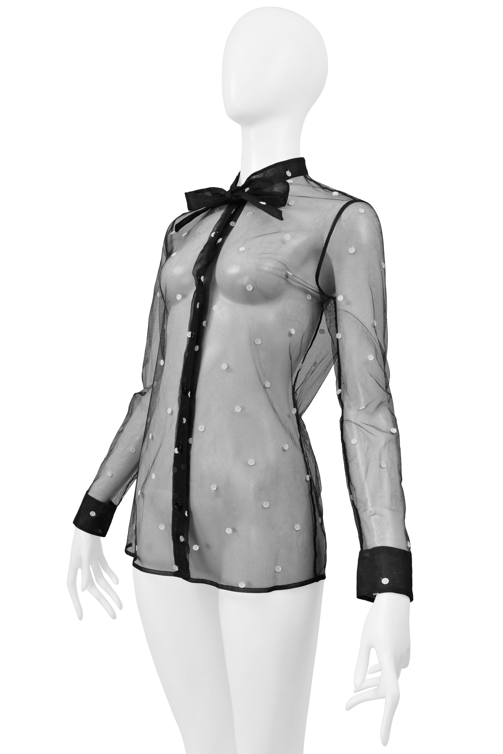 SAINT LAURENT PARIS BY HEDI SLIMANE  BLACK MESH TOP WITH WHITE EMBROIDERED DOTS 2015