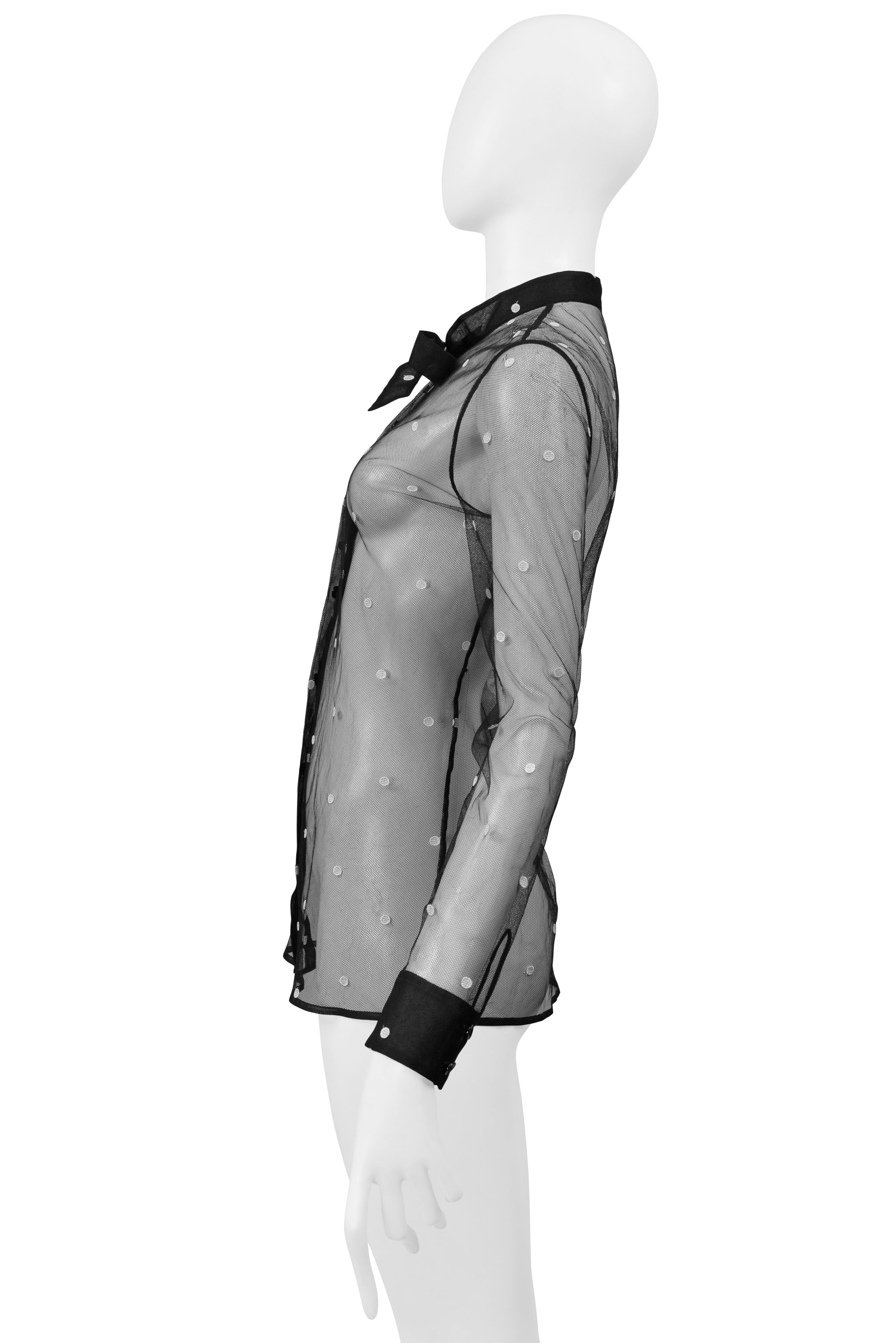 SAINT LAURENT PARIS BY HEDI SLIMANE  BLACK MESH TOP WITH WHITE EMBROIDERED DOTS 2015