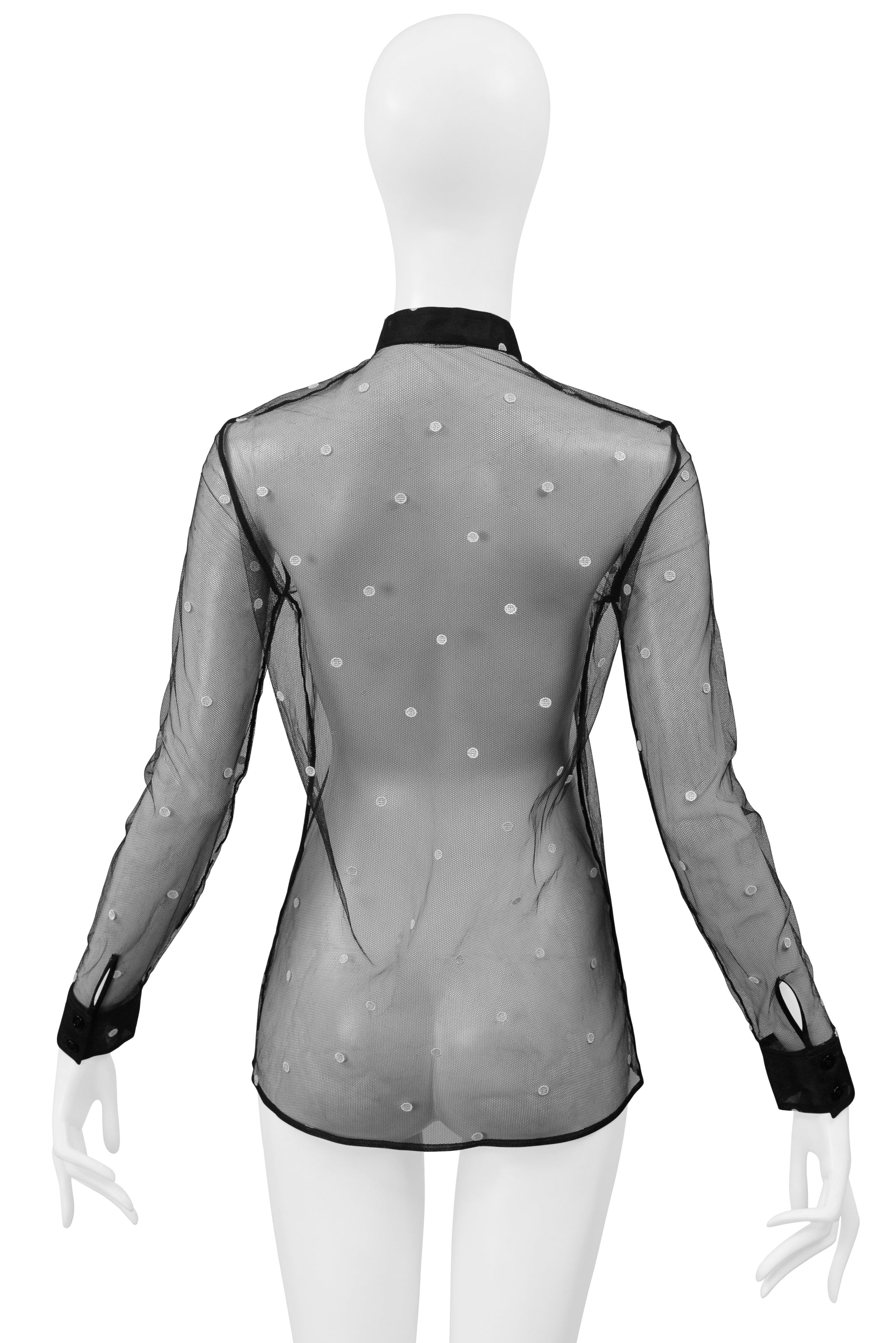 SAINT LAURENT PARIS BY HEDI SLIMANE  BLACK MESH TOP WITH WHITE EMBROIDERED DOTS 2015