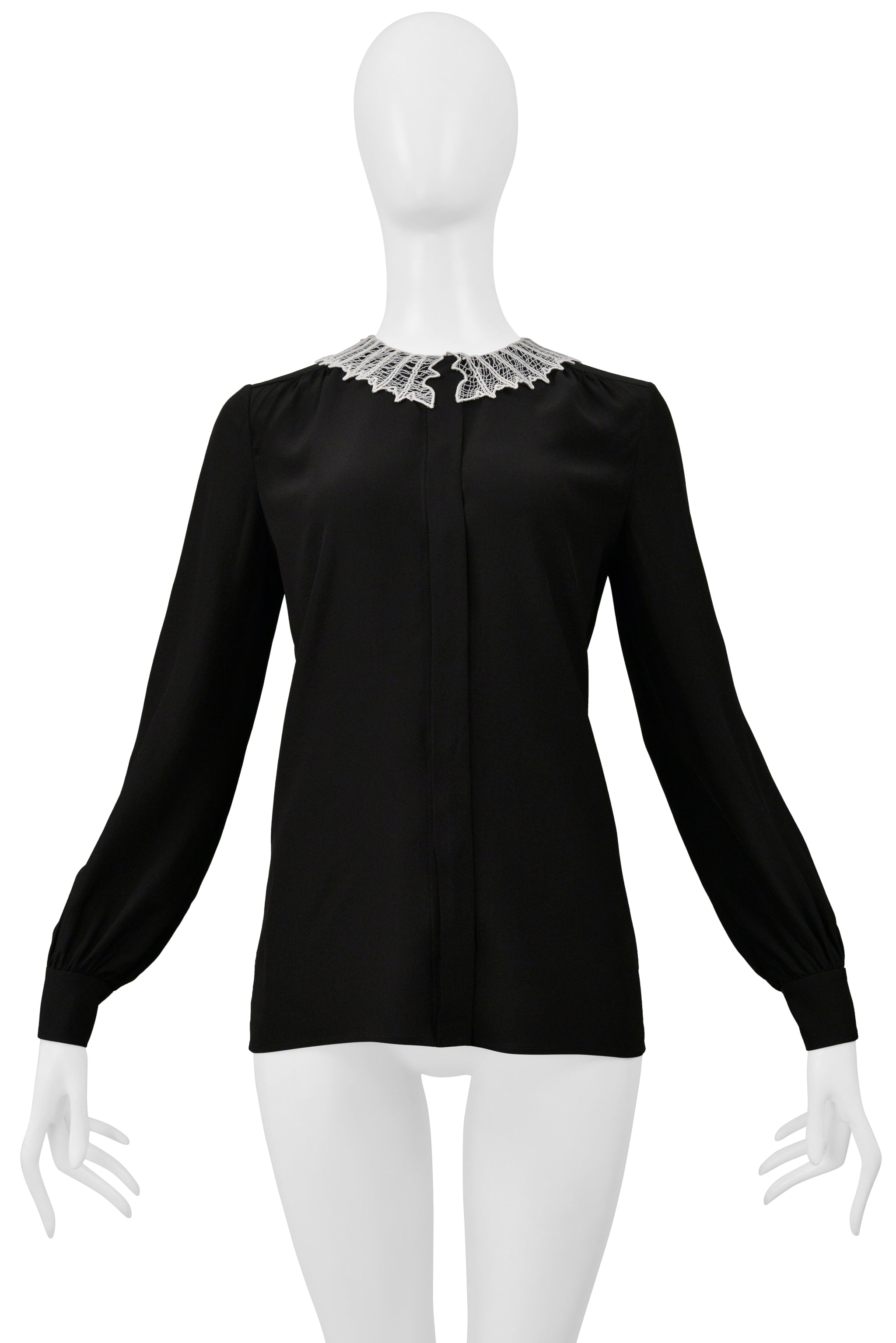 SAINT LAURENT PARIS BY HEDI SLIMANE BLACK SILK BLOUSE W WHITE LACE WEB COLLAR 2015