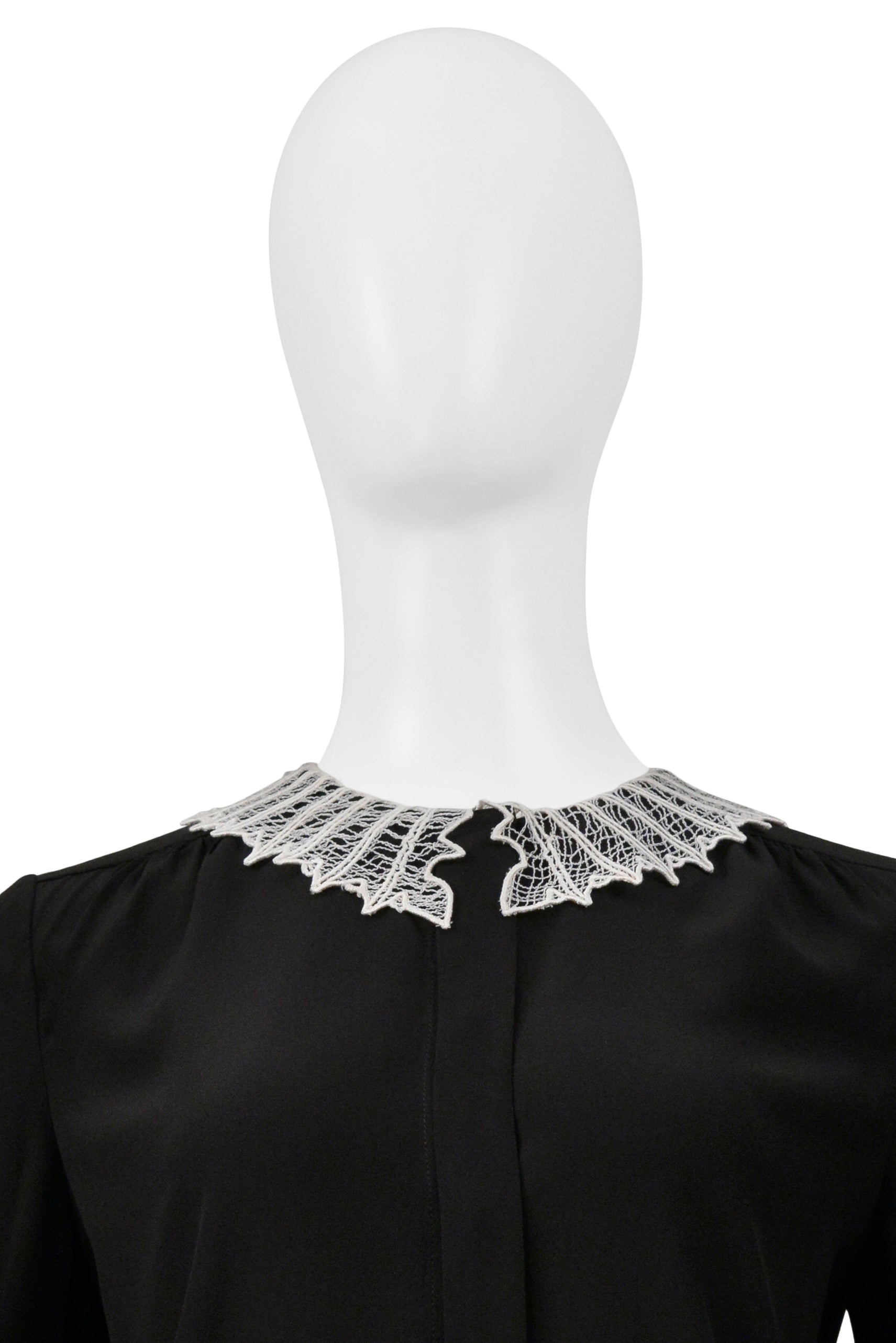 SAINT LAURENT PARIS BY HEDI SLIMANE BLACK SILK BLOUSE W WHITE LACE WEB COLLAR 2015