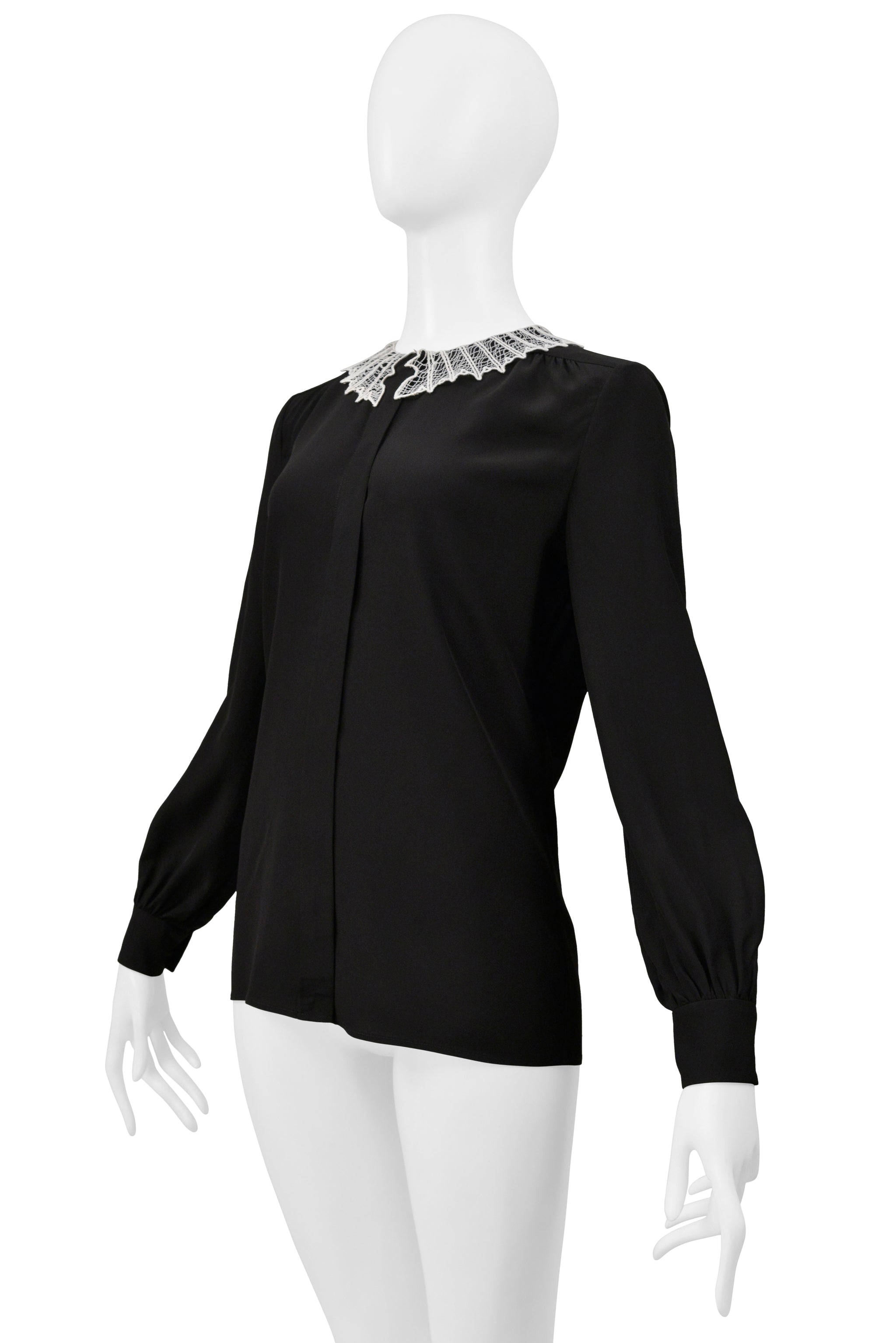 SAINT LAURENT PARIS BY HEDI SLIMANE BLACK SILK BLOUSE W WHITE LACE WEB COLLAR 2015