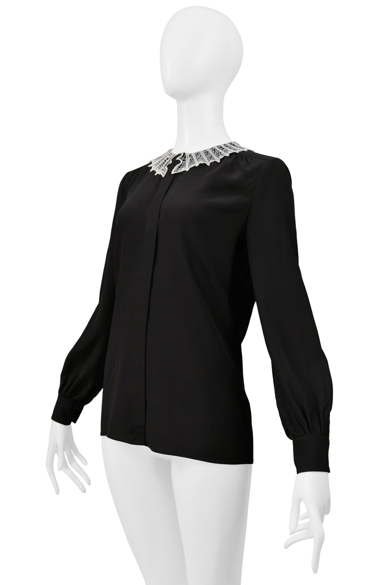 SAINT LAURENT PARIS BY HEDI SLIMANE BLACK SILK BLOUSE W WHITE LACE WEB COLLAR 2015