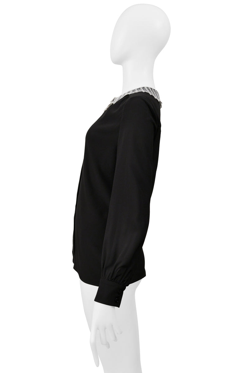 SAINT LAURENT PARIS BY HEDI SLIMANE BLACK SILK BLOUSE W WHITE LACE WEB COLLAR 2015