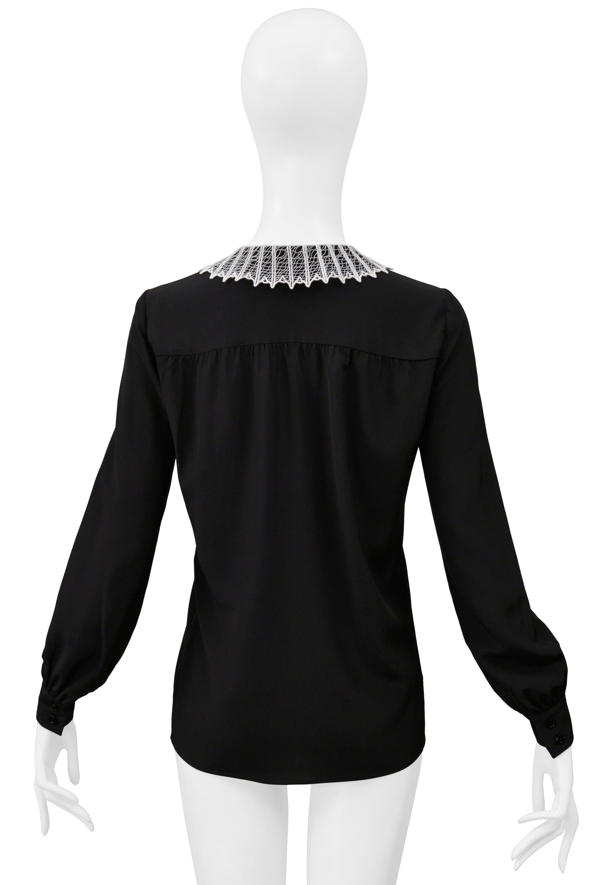SAINT LAURENT PARIS BY HEDI SLIMANE BLACK SILK BLOUSE W WHITE LACE WEB COLLAR 2015
