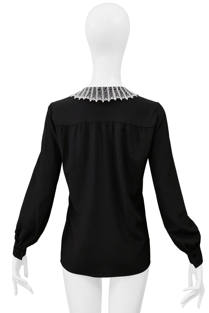 SAINT LAURENT PARIS BY HEDI SLIMANE BLACK SILK BLOUSE W WHITE LACE WEB COLLAR 2015