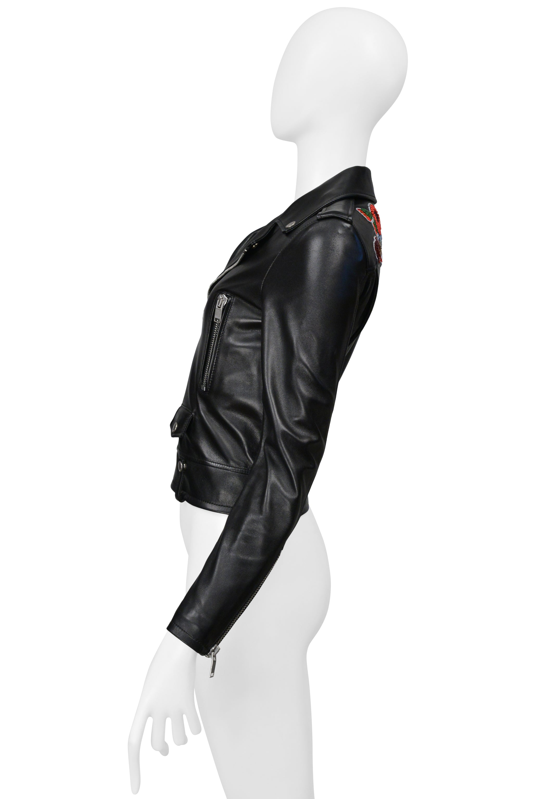 SAINT LAURENT PARIS BY HEDI SLIMANE BLACK LEATHER JACKET WITH FLOWERS 2016
