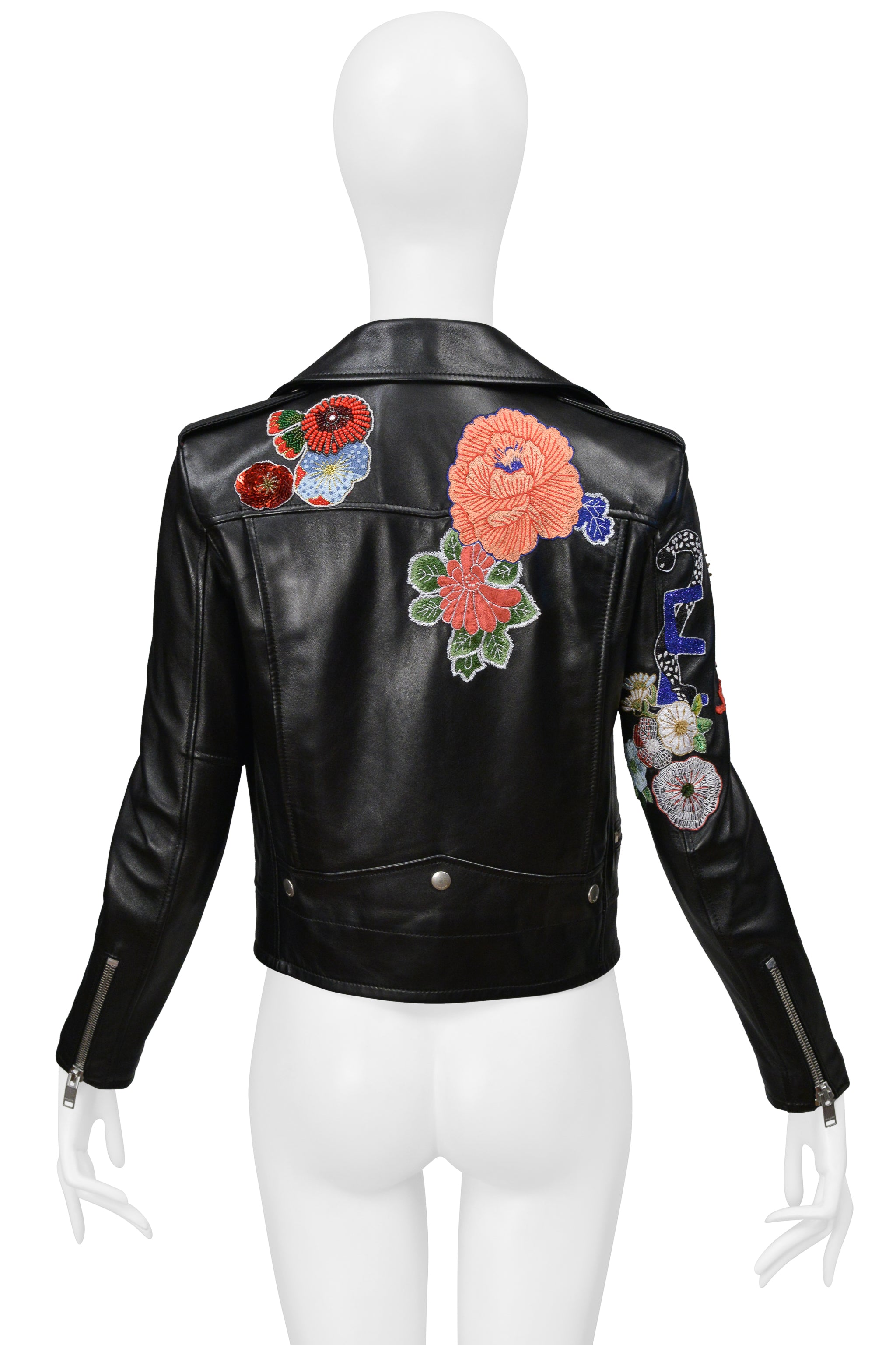 SAINT LAURENT PARIS BY HEDI SLIMANE BLACK LEATHER JACKET WITH FLOWERS 2016