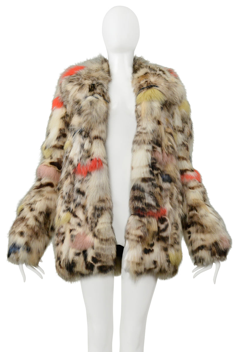 SAINT LAURENT PARIS WHITE & MULTICOLOR STENCILED FOX FUR CHUBBY COAT 2017