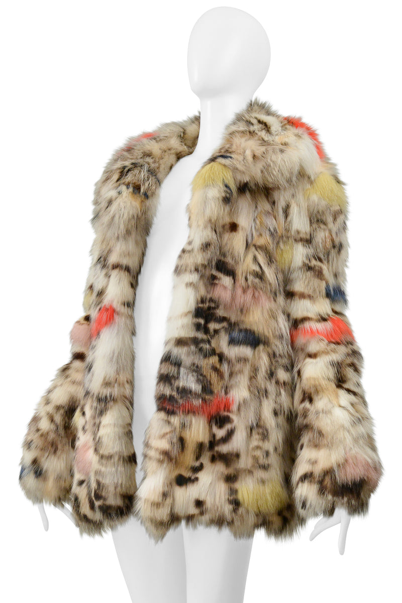 SAINT LAURENT PARIS WHITE & MULTICOLOR STENCILED FOX FUR CHUBBY COAT 2017