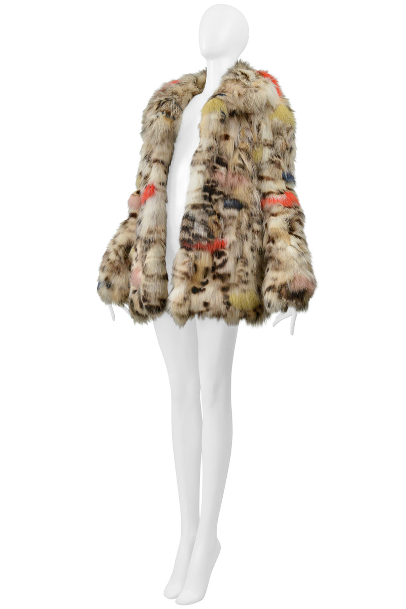 SAINT LAURENT PARIS WHITE & MULTICOLOR STENCILED FOX FUR CHUBBY COAT 2017