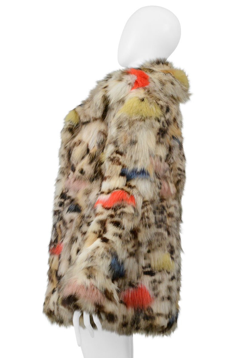 SAINT LAURENT PARIS WHITE & MULTICOLOR STENCILED FOX FUR CHUBBY COAT 2017