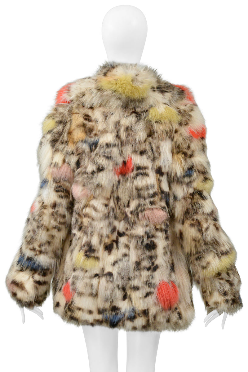 SAINT LAURENT PARIS WHITE & MULTICOLOR STENCILED FOX FUR CHUBBY COAT 2017