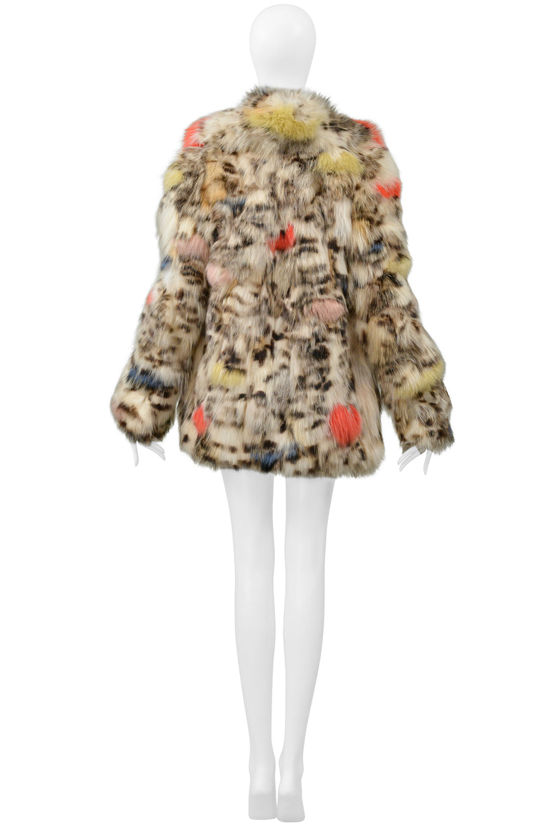 SAINT LAURENT PARIS WHITE & MULTICOLOR STENCILED FOX FUR CHUBBY COAT 2017