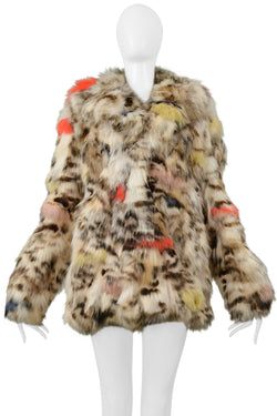 SAINT LAURENT PARIS WHITE & MULTICOLOR STENCILED FOX FUR CHUBBY COAT 2017