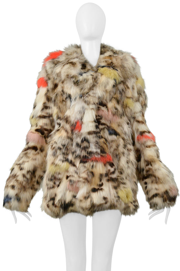 SAINT LAURENT PARIS WHITE & MULTICOLOR STENCILED FOX FUR CHUBBY COAT 2017