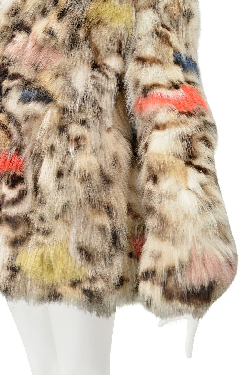 SAINT LAURENT PARIS WHITE & MULTICOLOR STENCILED FOX FUR CHUBBY COAT 2017