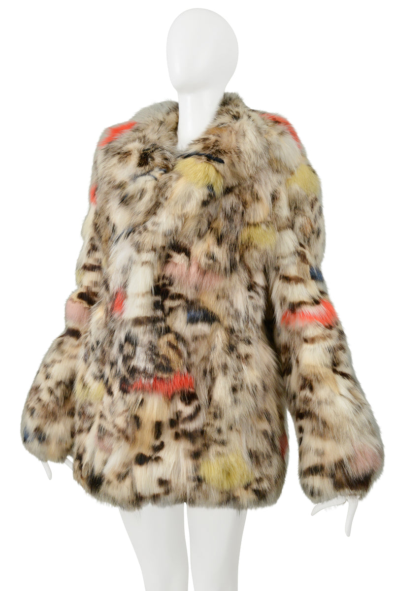 SAINT LAURENT PARIS WHITE & MULTICOLOR STENCILED FOX FUR CHUBBY COAT 2017