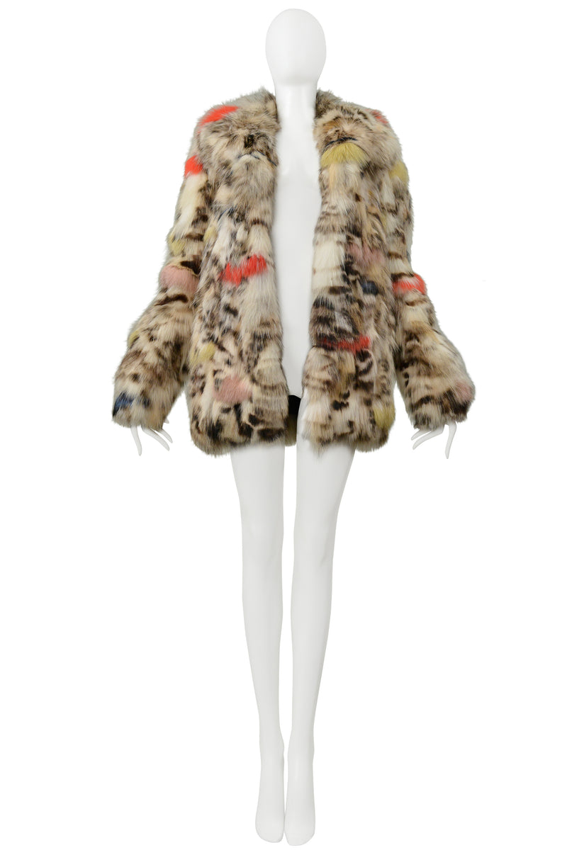 SAINT LAURENT PARIS WHITE & MULTICOLOR STENCILED FOX FUR CHUBBY COAT 2017