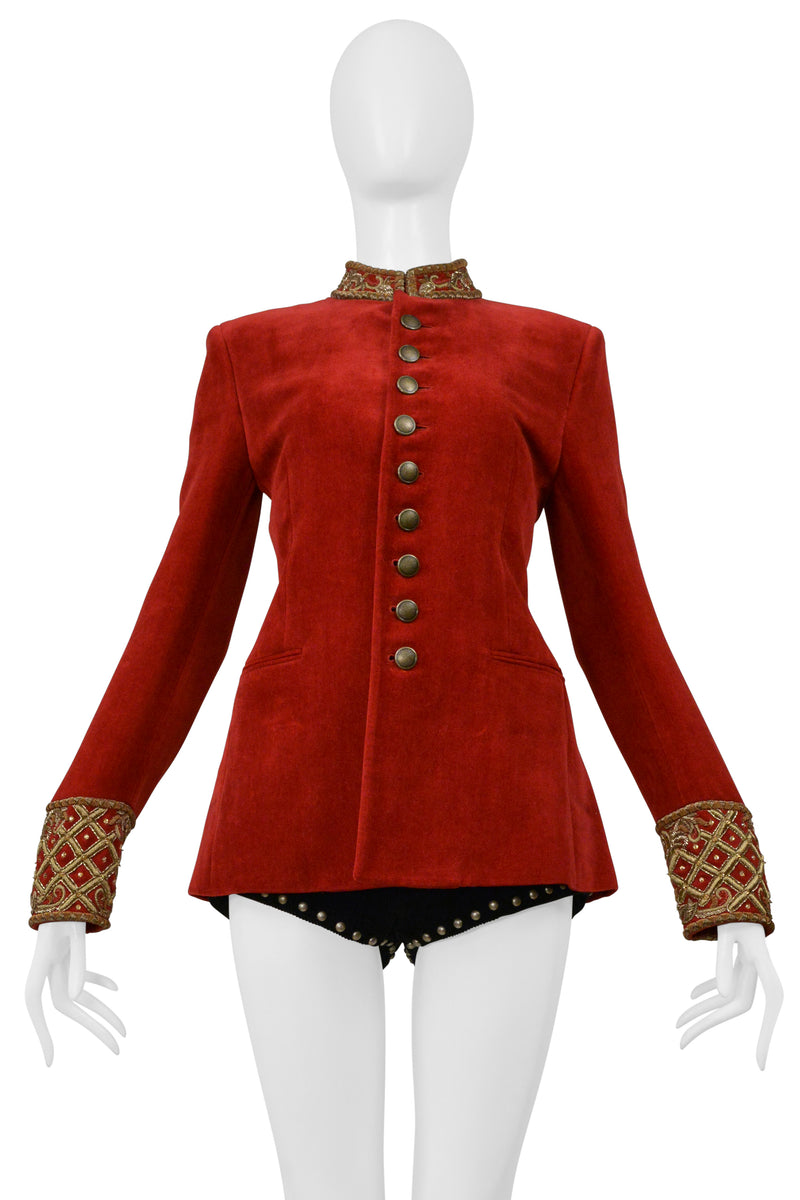 SAINT LAURENT PARIS RED VELVET JACKET AND BLACK CORDUROY STAR SHORTS ENSEMBLE 2018