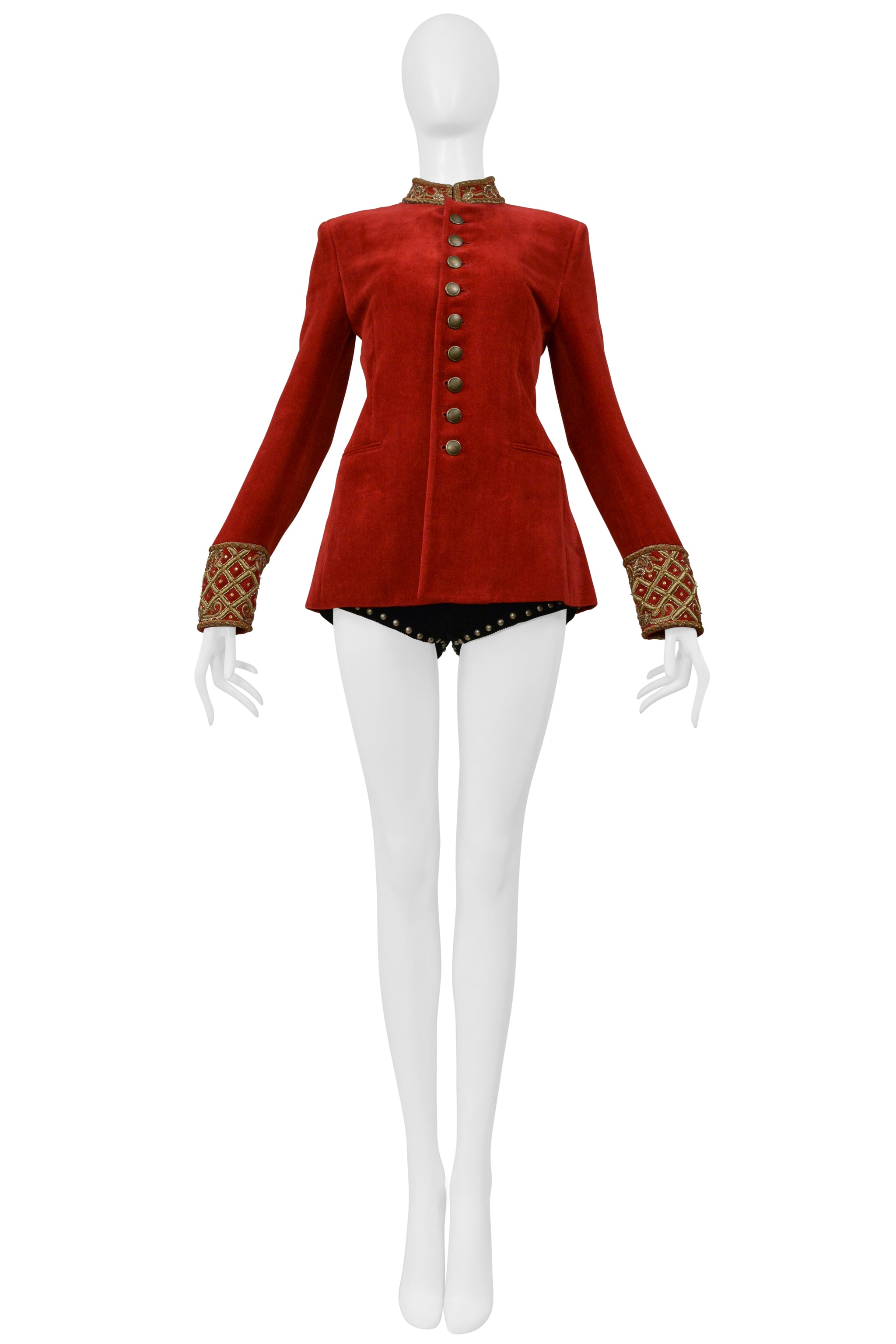 SAINT LAURENT PARIS RED VELVET JACKET AND BLACK CORDUROY STAR SHORTS ENSEMBLE 2018